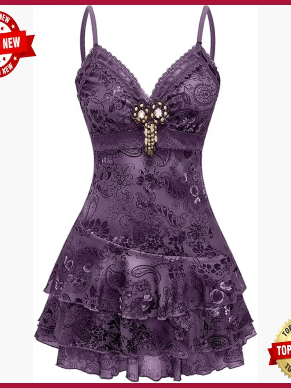 Y2K Gothic Boho Mini Dress with Beaded Lace Ruffle Tiered Design - Picture 1 of 7